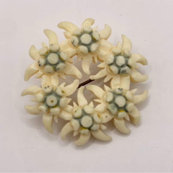 Antique C clasp carved bovine bone flower circle wreath brooch pin green - Picture 2 of 8